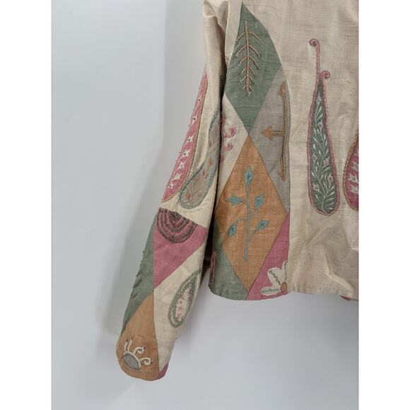 Anage Vintage Jacket Womens Large Beige Pink Green 100% Silk Embroidered Nature - Picture 12 of 16